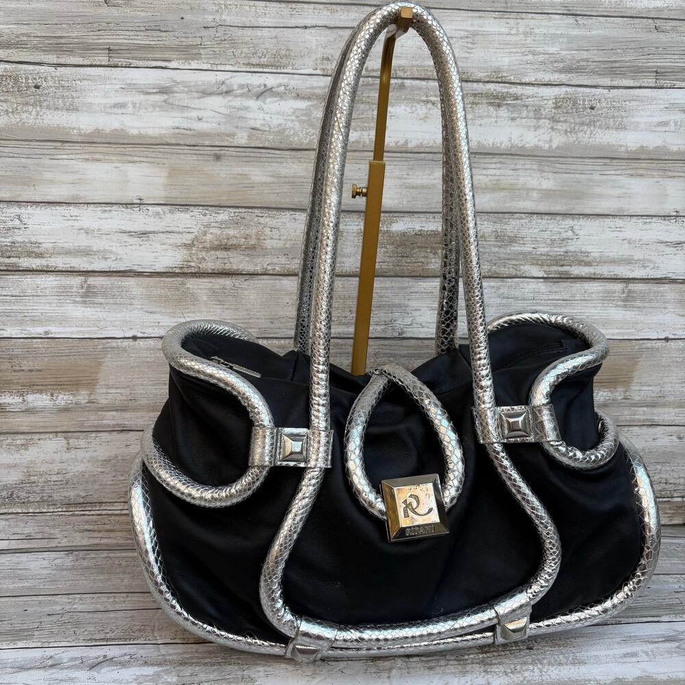 Ripani Y2K Purse Satchel Black Silver Metallic Leather Glam Reptile‎ Avant Garde